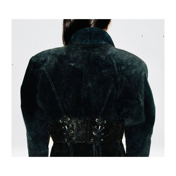 Black Leather & Suede Jacket + Skirt Set – Vintage 80’s Matching Two-Piece - Picture 4 of 14